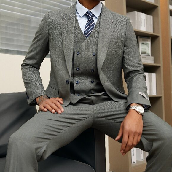 Green W/Blue Pinstriped Peak Lapel 3 Piece Stacy Adams Men's Suit - Picture 3 of 6